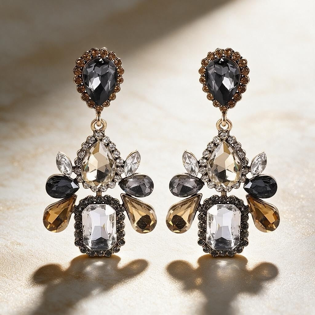 Calilo Australia statement drop earrings with smoky grey, champagne, and clear crystals in a gold-toned setting.