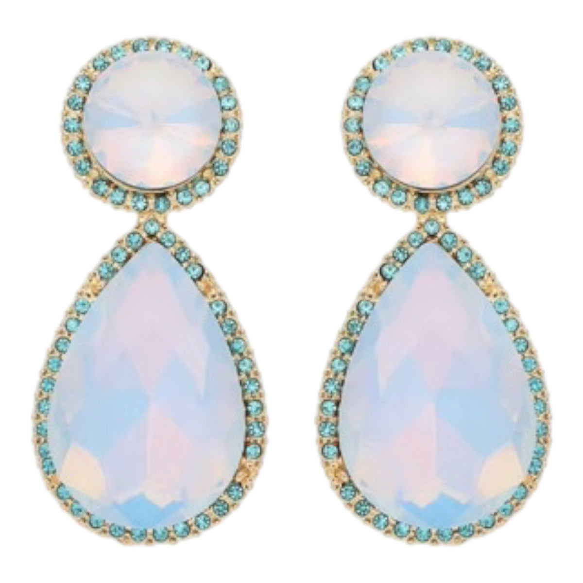 Calilo Australia gold-toned teardrop statement earrings with iridescent stones and blue crystal halo accents.