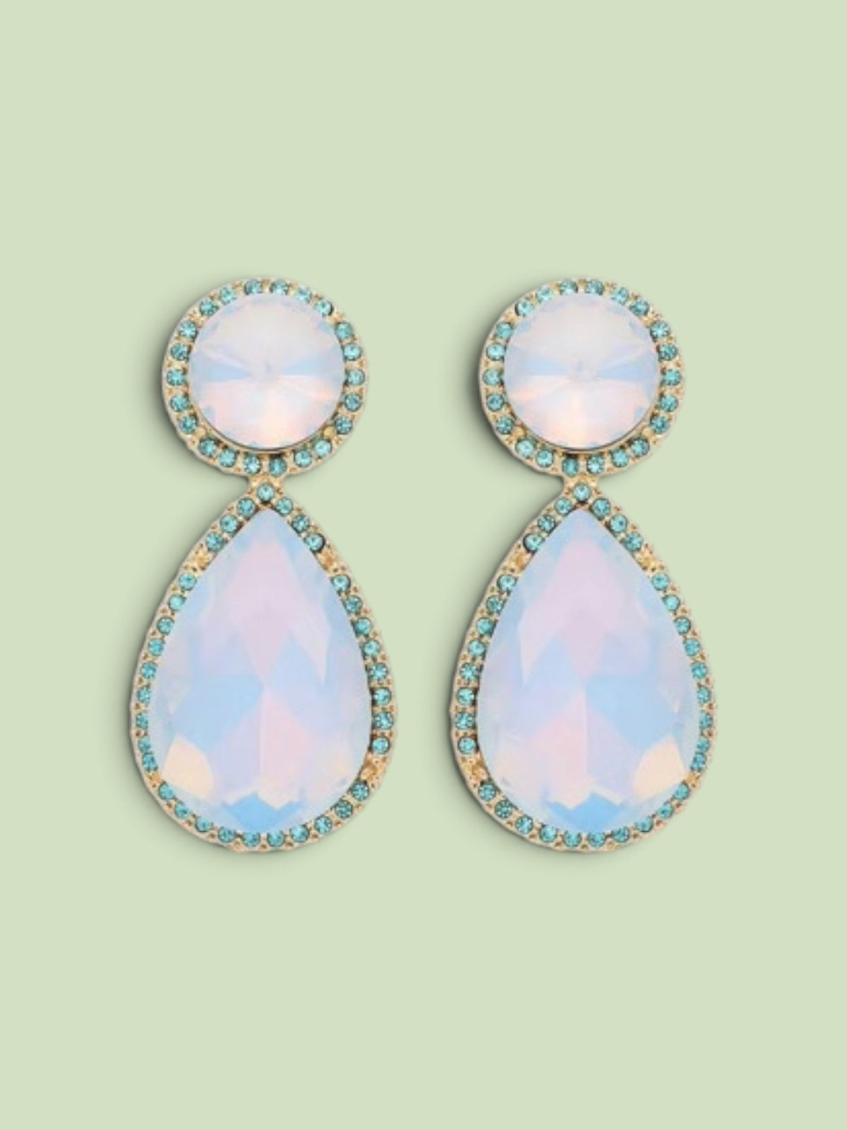 Calilo Australia teardrop statement earrings with iridescent stones, gold-toned setting, and blue crystal halo.