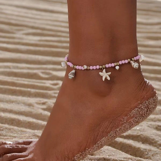 Lila Pink Seed Beads Seashell Charm Anklet - Calilo Australia