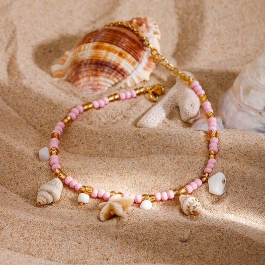 Lila Pink Seed Beads Seashell Charm Anklet - Calilo Australia