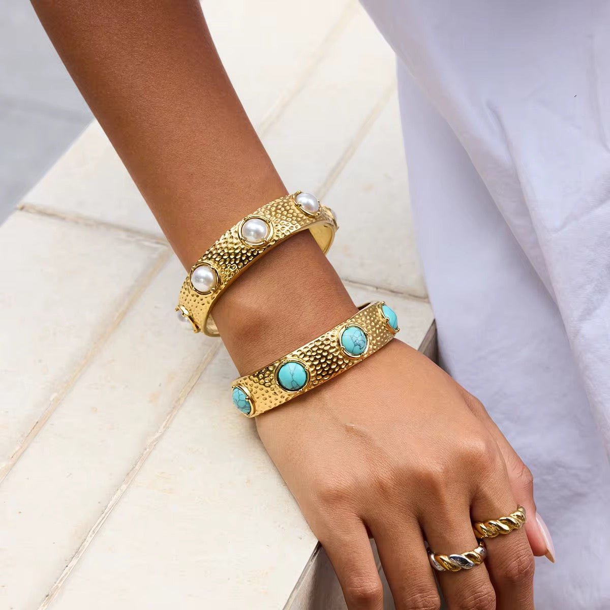 Mira Turquoise & Pearl Hammered Cuff Bracelet - Calilo Australia