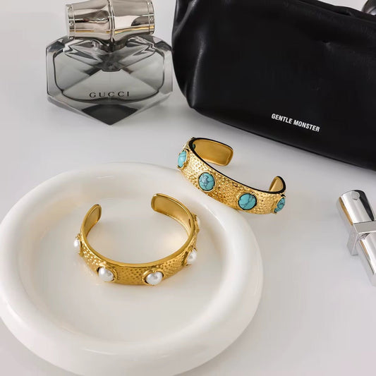 Mira Turquoise & Pearl Hammered Cuff Bracelet - Calilo Australia