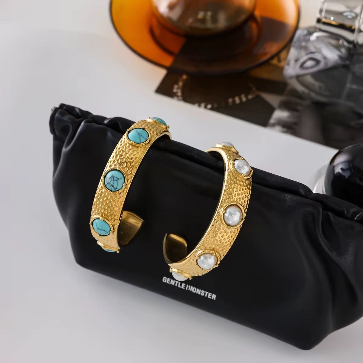 Mira Turquoise & Pearl Hammered Cuff Bracelet - Calilo Australia