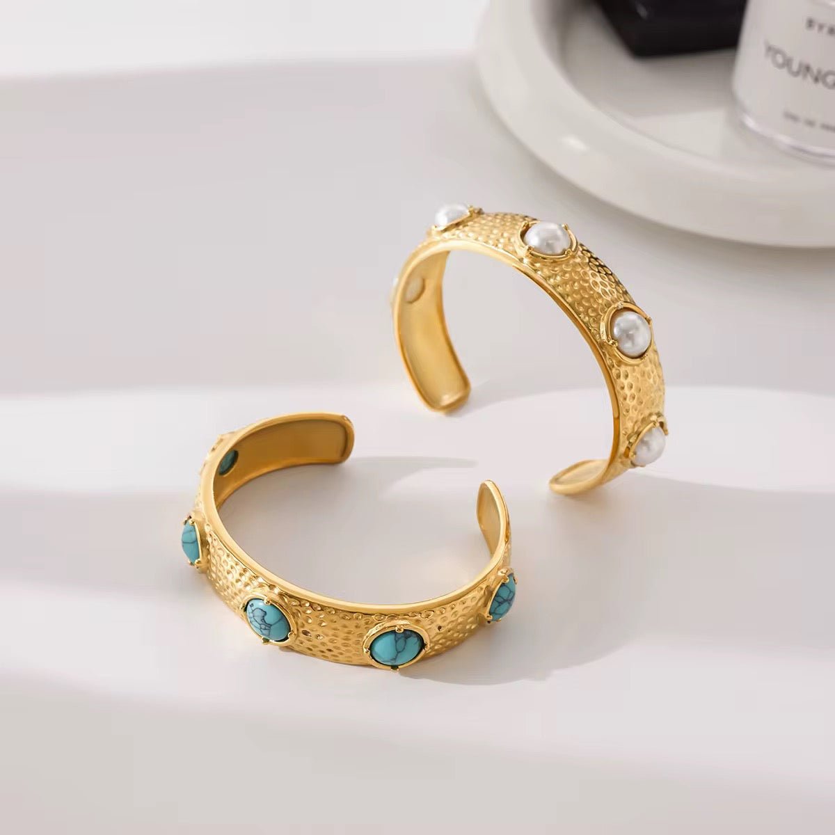 Mira Turquoise & Pearl Hammered Cuff Bracelet - Calilo Australia