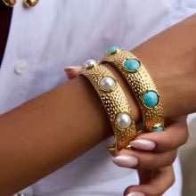 Mira Turquoise & Pearl Hammered Cuff Bracelet - Calilo Australia