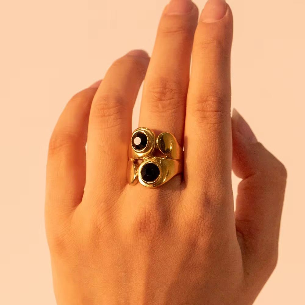 Trish Double Layer Black Stone Open Ring - Calilo Australia