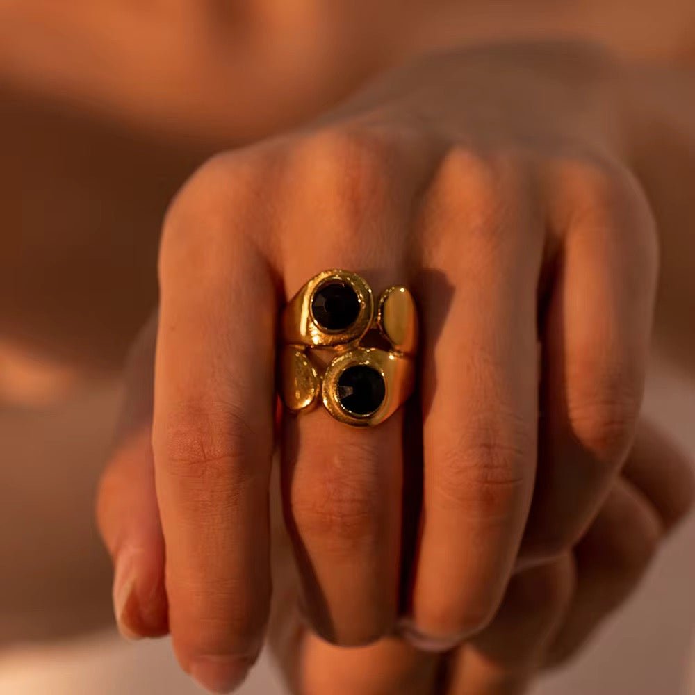 Trish Double Layer Black Stone Open Ring - Calilo Australia