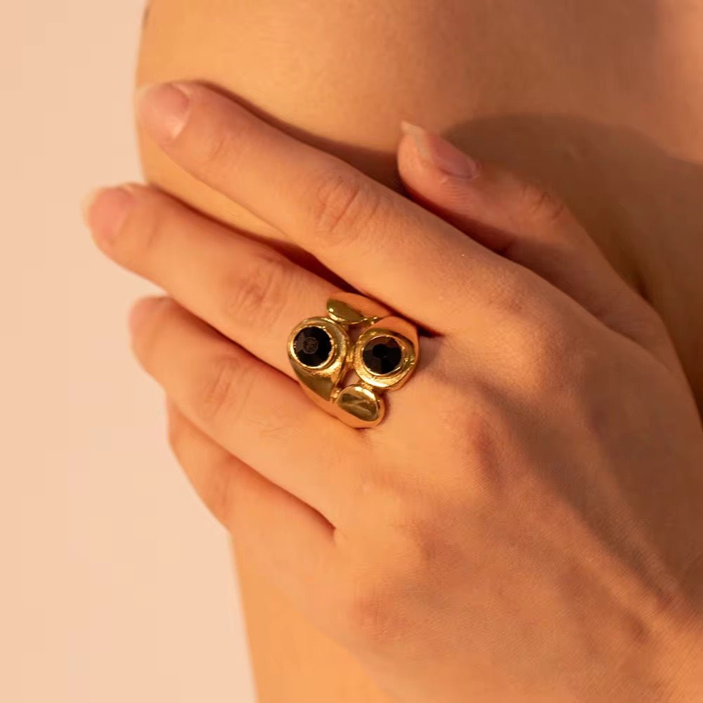 Trish Double Layer Black Stone Open Ring - Calilo Australia